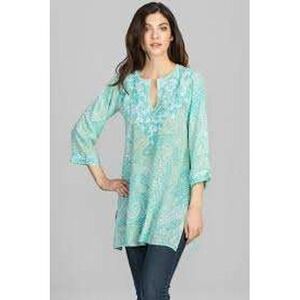 Amaya Silk Embroidered‎ Paisley Tunic Top Teal White Boho India Size 38/Medium